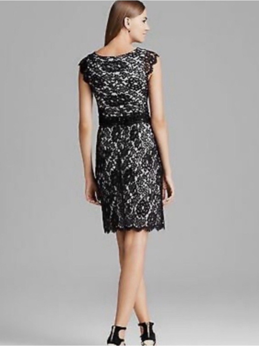 NWT MONIQUE LHUILLIER Black Lace Beaded Waist Bodycon Cocktail Midi Dress 6 - Picture 3 of 11